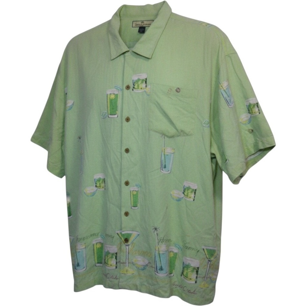 Tommy Bahama Button Front Shirt Mens XXL Green Silk Cocktail Graphic Tropical